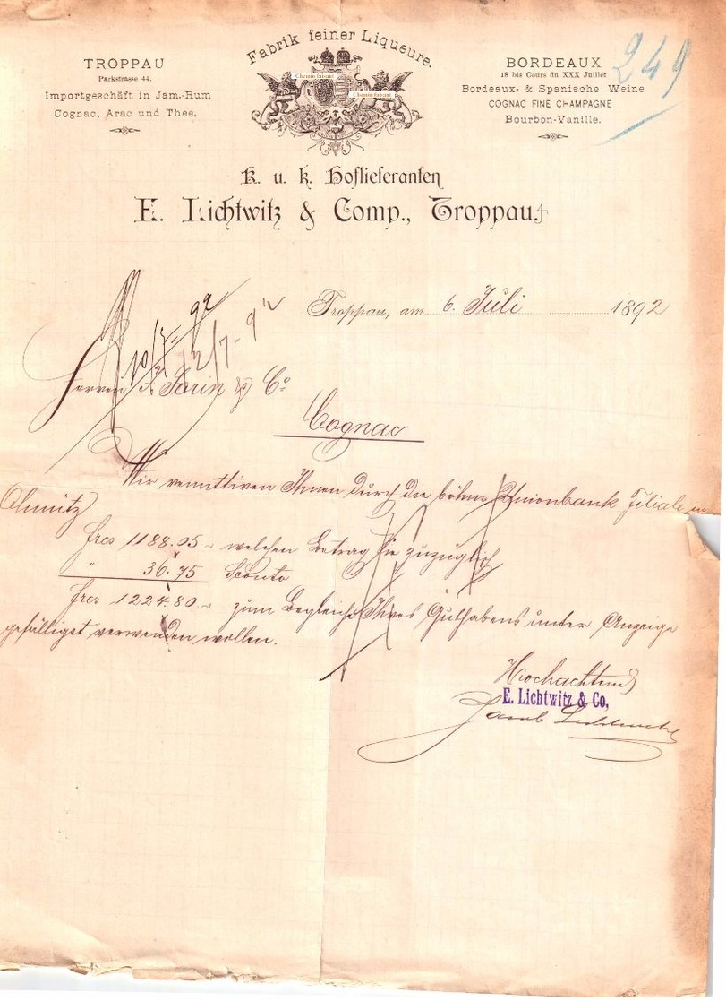 Document Du 06/07/1892 LICHTWITZ & Cie - TROPPAU  - Allemagne - 1800 – 1899