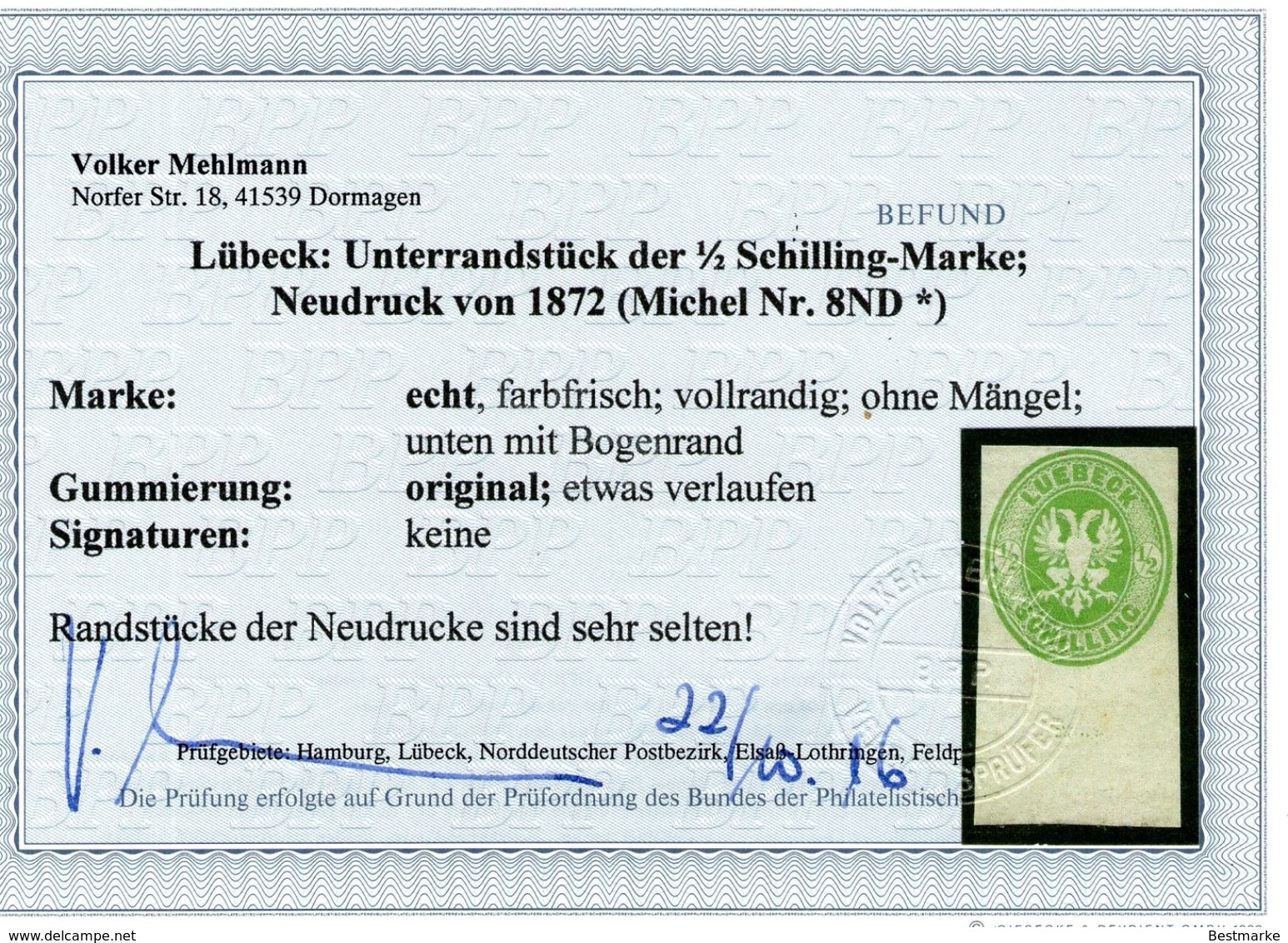 Lübeck Neudruck 1872 - 1/2 Shilling Grün UR - Geprüft BPP - Kabinett - Lubeck