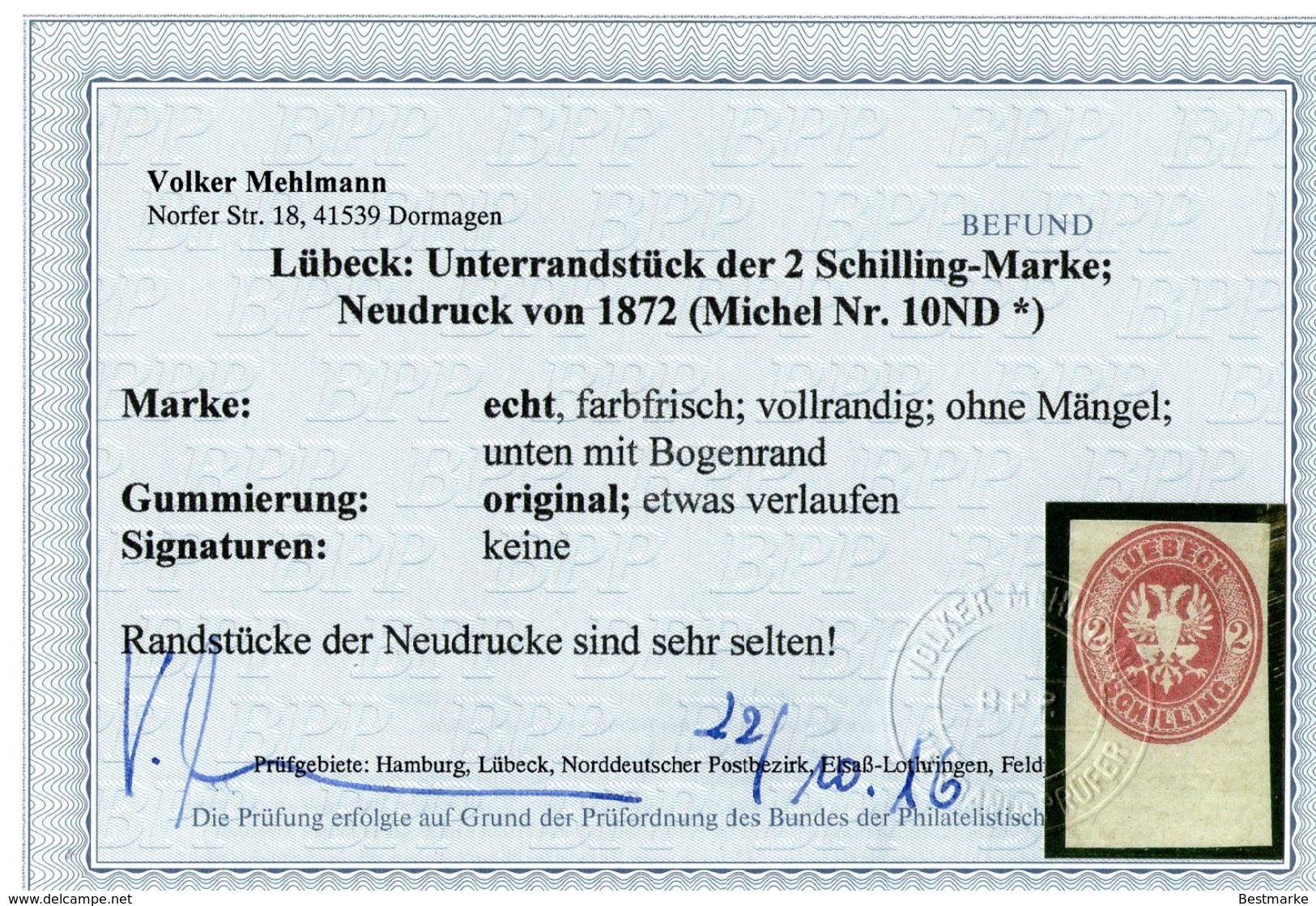 Lübeck Neudruck 1872 - 2 Shilling Karmin UR - Geprüft BPP - Kabinett - Luebeck