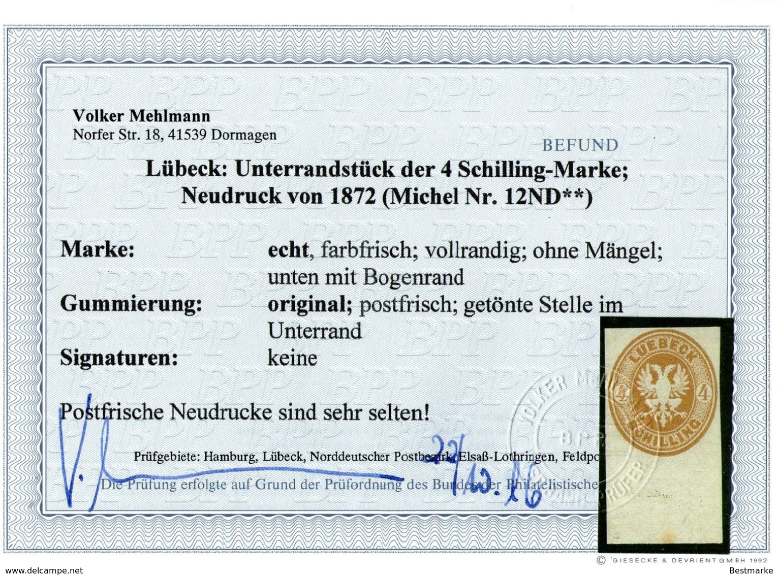 Lübeck Neudruck 1872 - 4 Shilling Olivbraun UR - Geprüft BPP - Kabinett - Luebeck