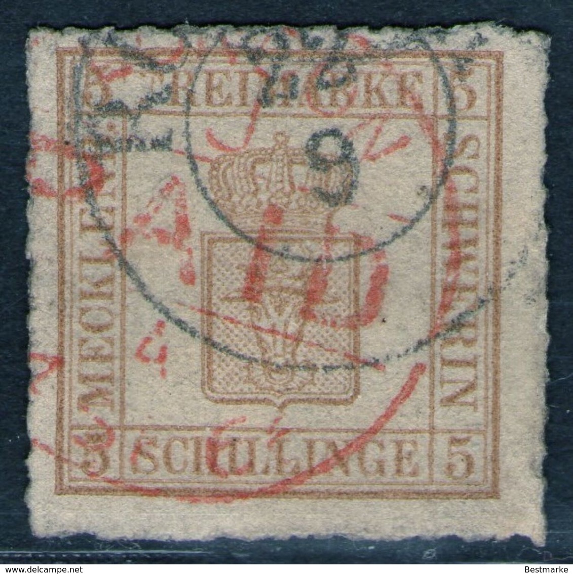 Rostock 22/9 + London PAID Auf 5 Shilling Orangebraun - Schwerin Nr. 8 Y Mit Abart - Kabinett - Mecklenburg-Schwerin