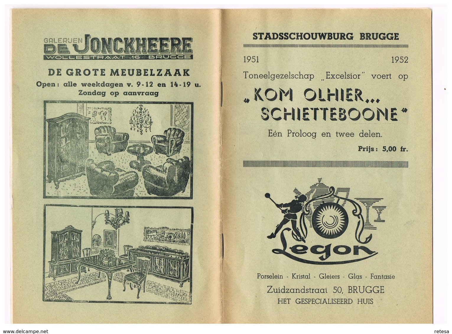 PROGRAMMA STADSSCHOUWBURG BRUGGE - KOM OLHIER  SCHIETEBOONE 1951/1952 - Programma's
