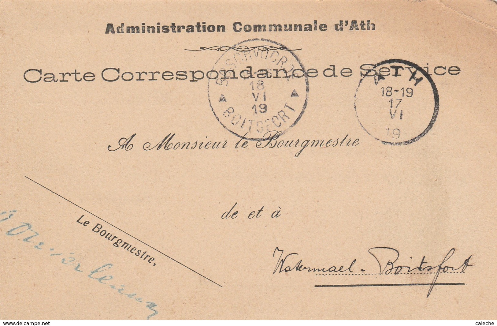 Carte Correspondnce De Service De ATH - Cachet De Fortune ATH (17/6/19) - Coin Plié - Fortune (1919)