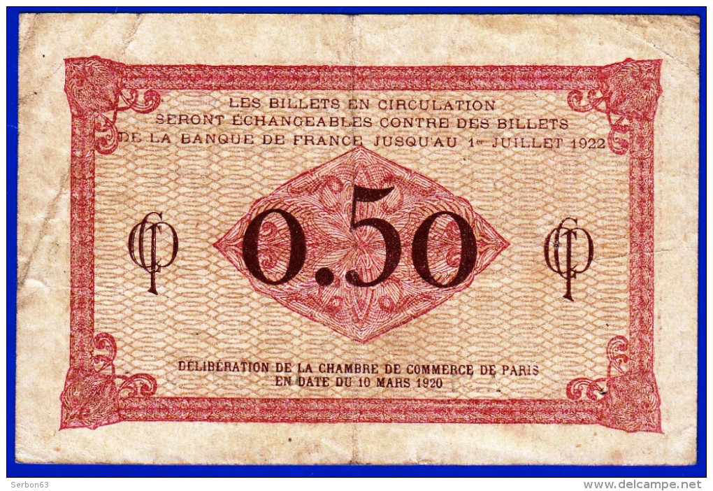 BILLET 50 CENTIMES CHAMBRE DE COMMERCE DE PARIS 75 DU 10 MARS 1920 SERIE A. 31 N° 046,628 - NOTRE SITE Serbon63 - Chambre De Commerce