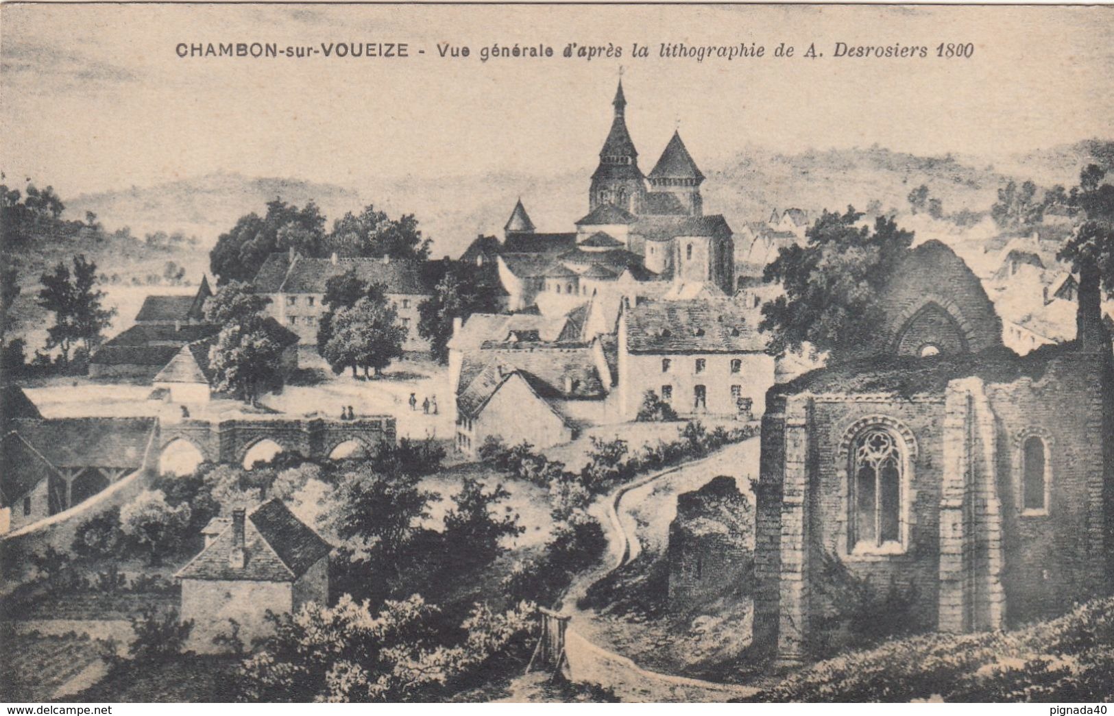 Cp , 23 , CHAMBON-sur-VOUEIZE , Vue Générale, D'après La Lithographie De A. Desrosiers , 1800 - Chambon Sur Voueize