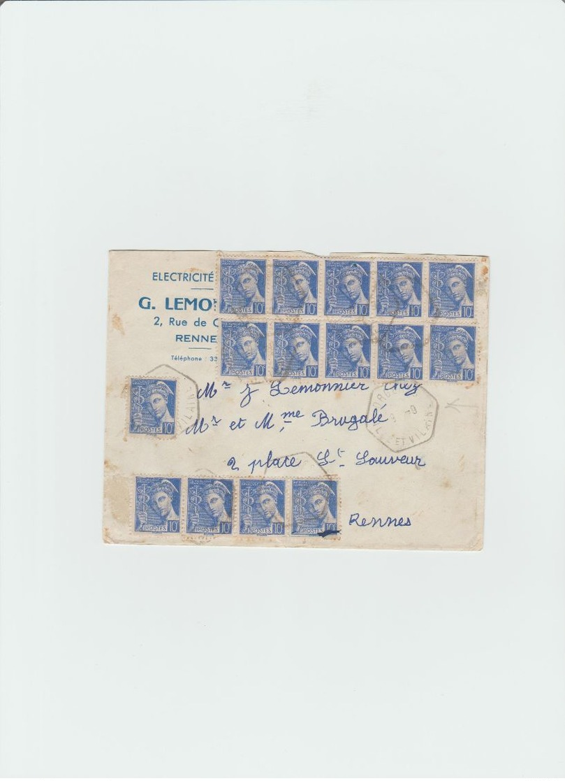 Lettre De Rennes Affr. à 1.50favec Bloc Du 10 C. Mercure+bande De 4 +1 Ex.( Cachet Octogonal) De 1940 - 1921-1960: Période Moderne