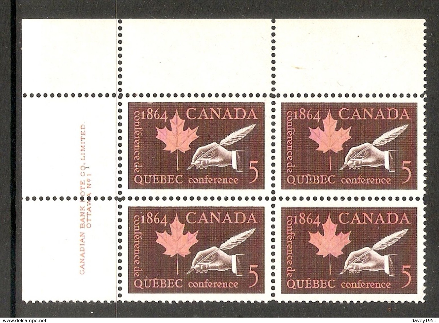 006259 Canada 1964 Quebec 5c Plate Block 1 UL MNH - Num. Planches & Inscriptions Marge