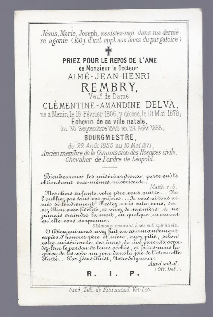 DP AIME J H REMBRY VEUF DELVA ECHEVIN ET BOURGMESTRE DE MENIN ° MENIN ( MENEN ) 1806 + 1878 - Images Religieuses