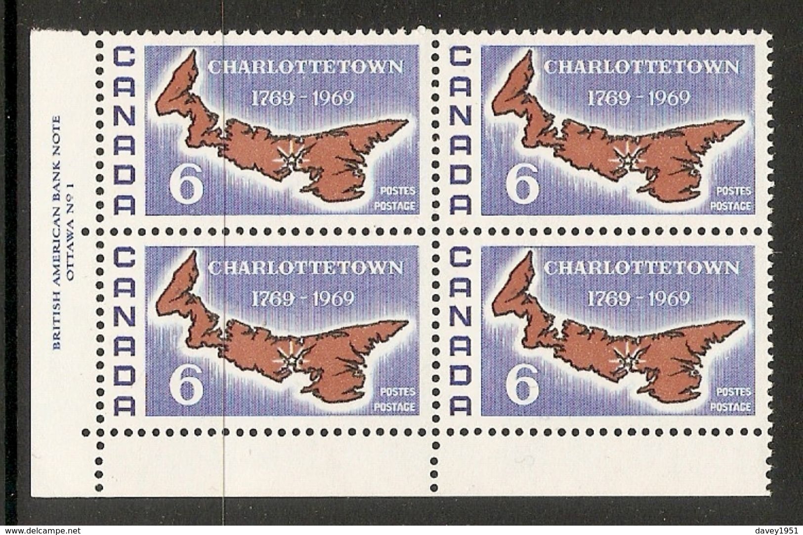 006292 Canada 1969 Charlottetown 6c Plate Block 1 LL MNH - Plate Number & Inscriptions