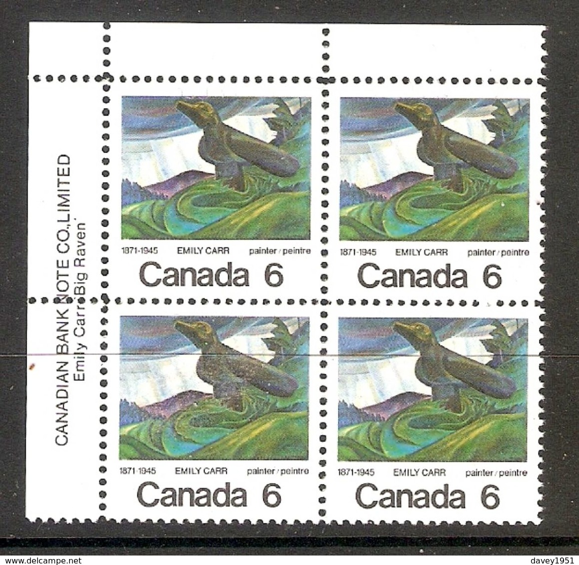 006295 Canada 1971 Emily Carr 6c Plate Block UL MNH - Plate Number & Inscriptions