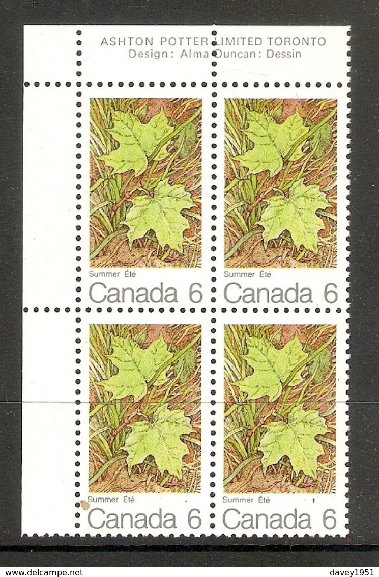 006298 Canada 1971 Maple Leaves 6c Plate Block UL MNH - Plate Number & Inscriptions