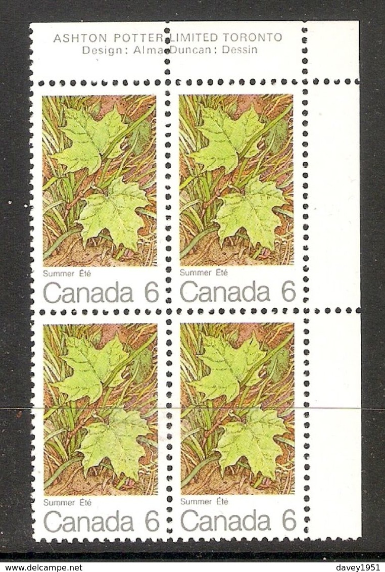 006299 Canada 1971 Maple Leaves 6c Plate Block UR MNH - Plate Number & Inscriptions