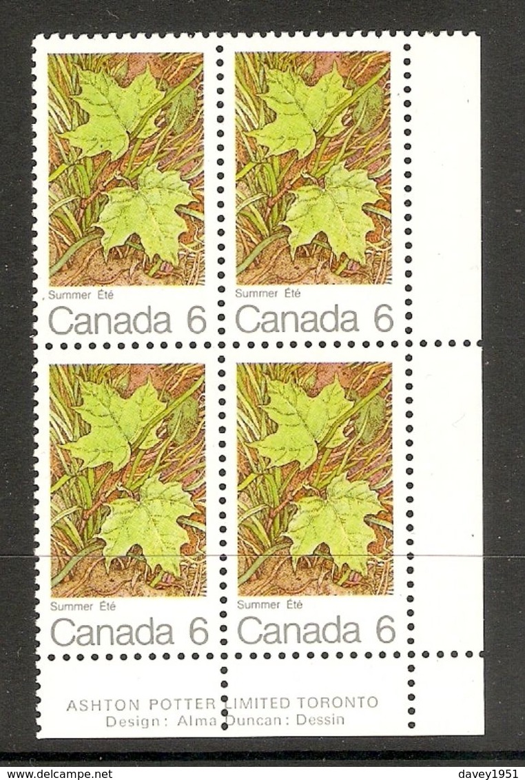 006300 Canada 1971 Maple Leaves 6c Plate Block LR MNH - Plate Number & Inscriptions