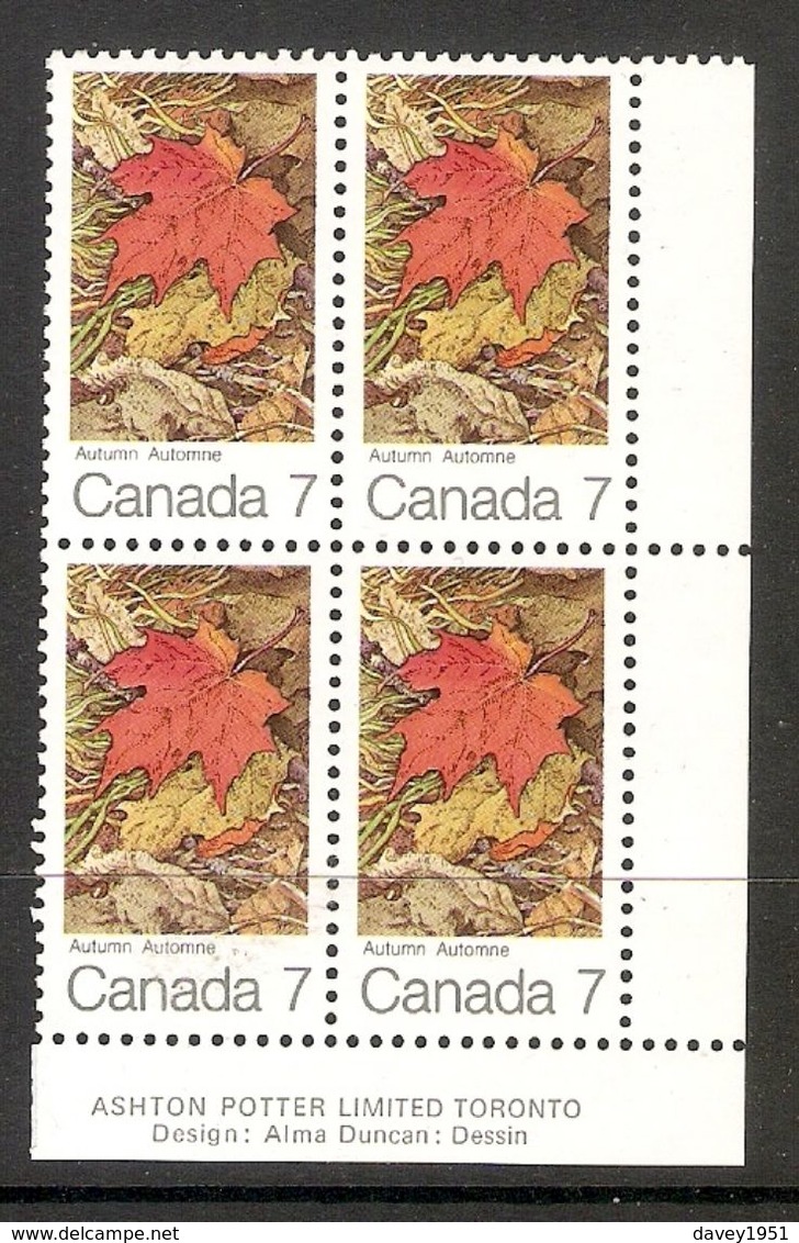 006303 Canada 1971 Maple Leaves 7c Plate Block LR MNH - Plate Number & Inscriptions