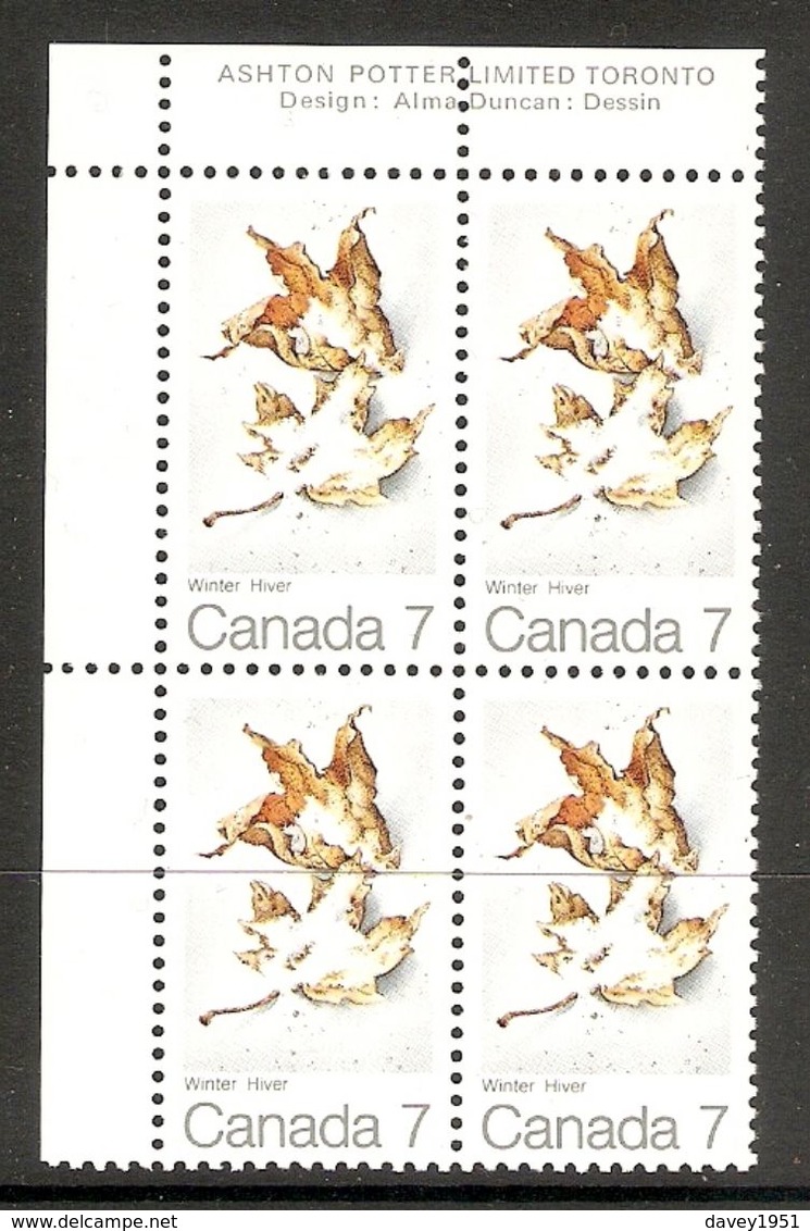 006304 Canada 1971 Maple Leaves 7c Plate Block UL MNH - Plate Number & Inscriptions