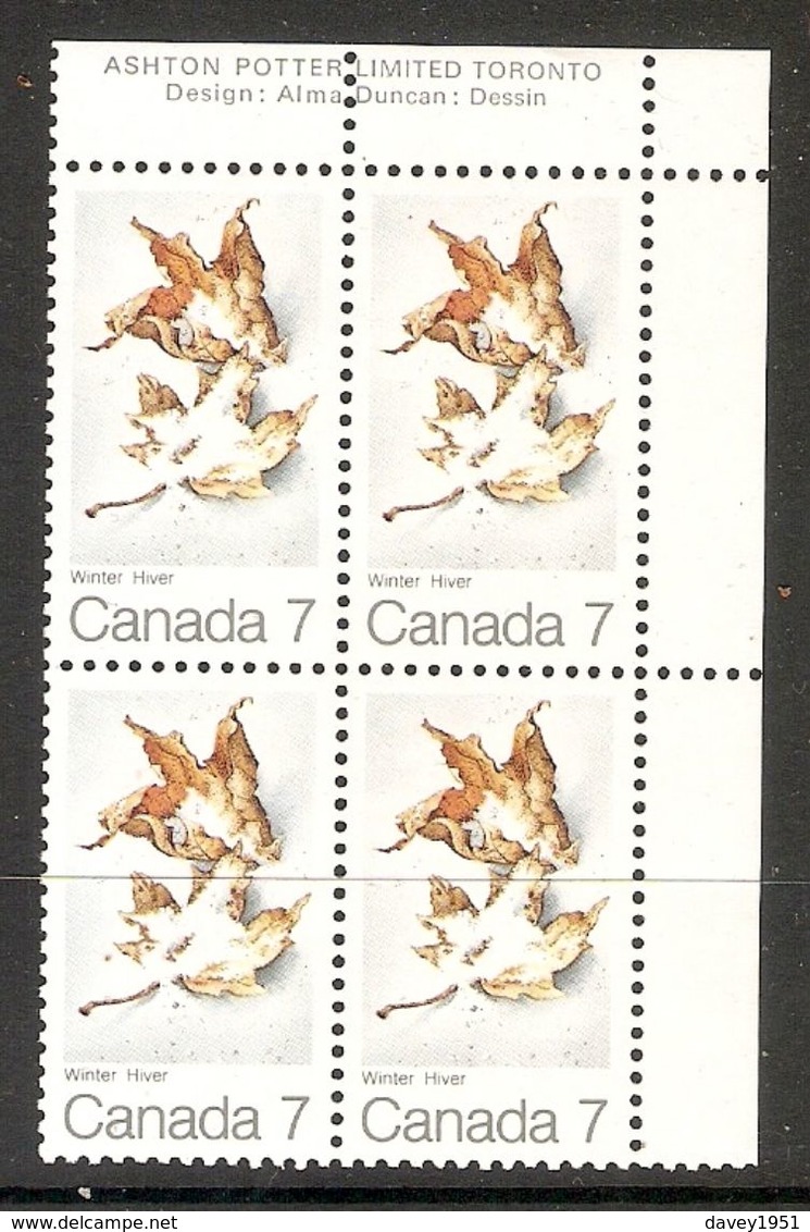 006305 Canada 1971 Maple Leaves 7c Plate Block UR MNH - Plate Number & Inscriptions