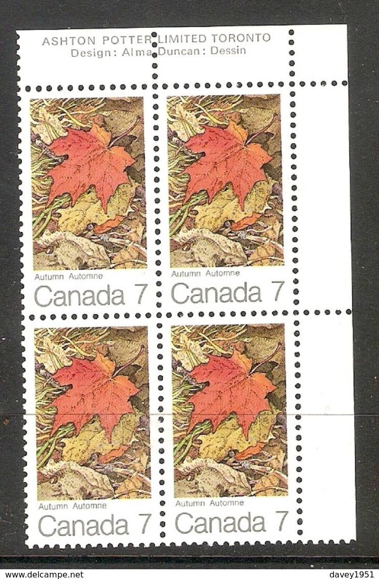 006307 Canada 1971 Maple Leaves 7c Plate Block UR MNH - Plate Number & Inscriptions