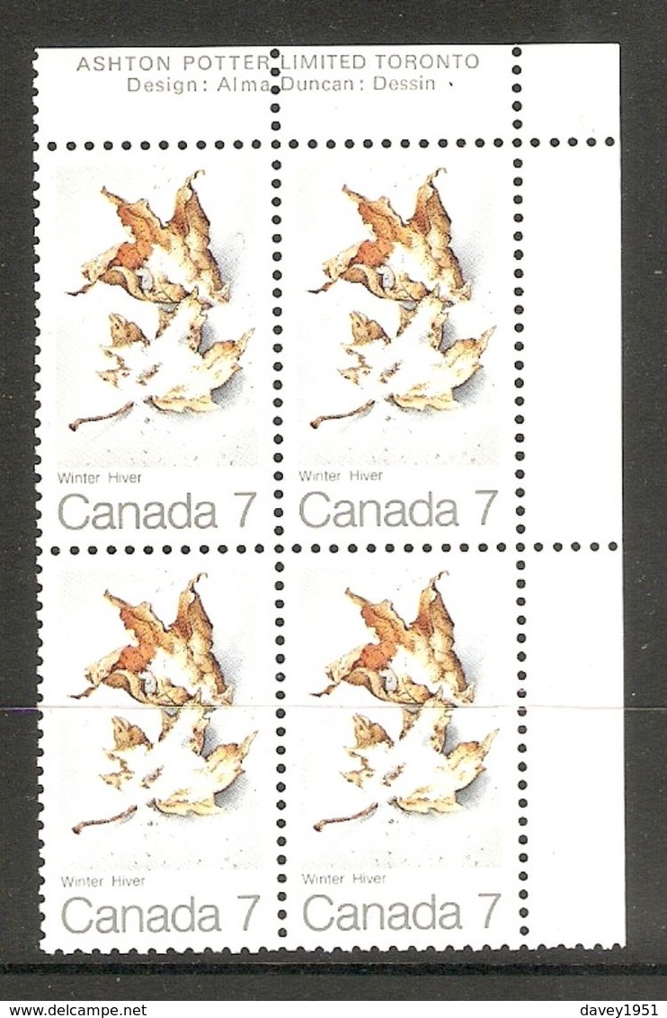 006308 Canada 1971 Maple Leaves 7c Plate Block UR MNH - Plate Number & Inscriptions