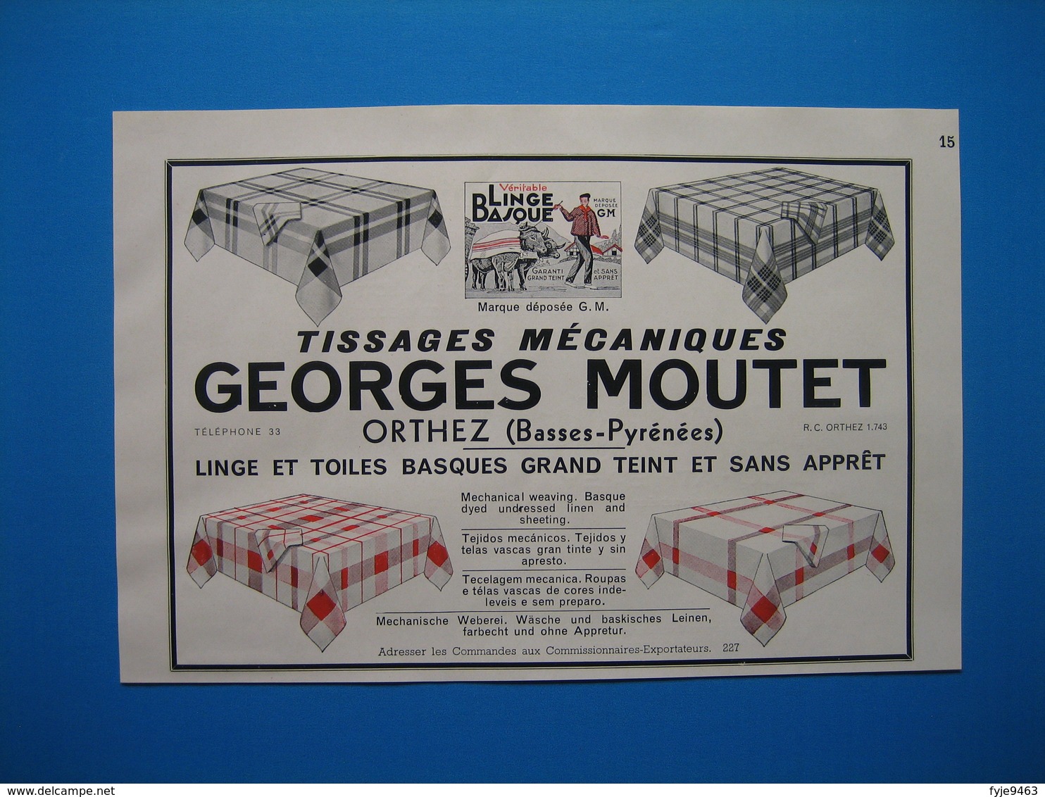 (1937) Linge Et Toiles Basques Des Basses-Pyrénées : P. JAUREGUY à Licq-Atherey -- GEORGES MOUTET à Orthez - Non Classés