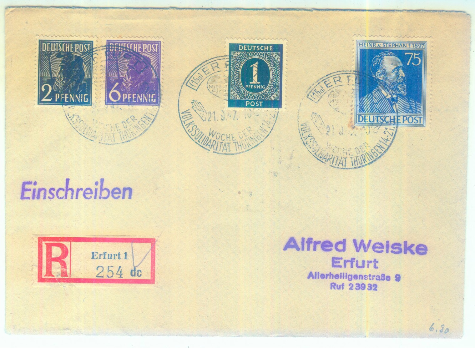 "ERFURT VOLKSSOLIDARITÄT THÜRINGEN" Orts Recobrief 1947 - Autres & Non Classés