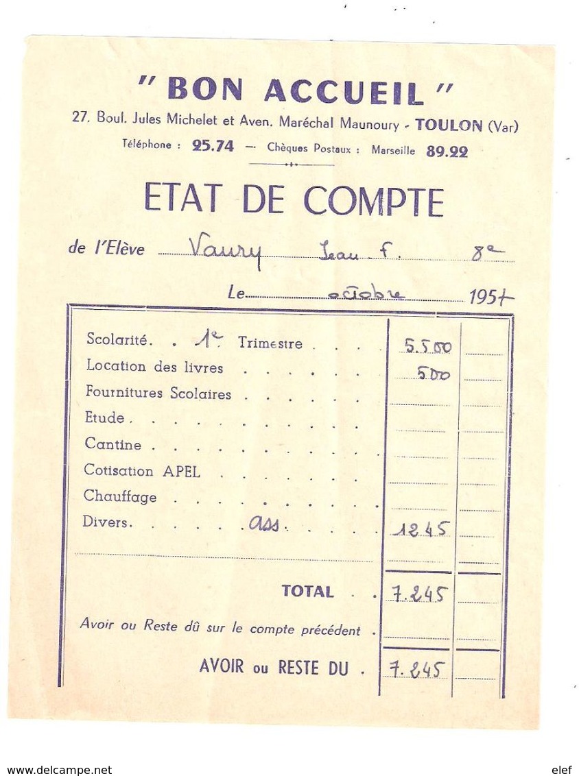Ecole BON ACCUEIL , TOULON, Var ; Etat De Compte Paiement Scolarité ; 1957, TB - Diplomi E Pagelle