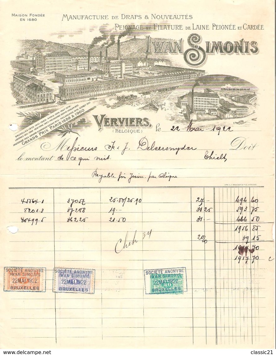 8 Factures Avec TP Fiscaux Différentes Valeurs Iwan Simonis Verviers Manufacture De Draps 1922 VPF15!! - 1900 – 1949