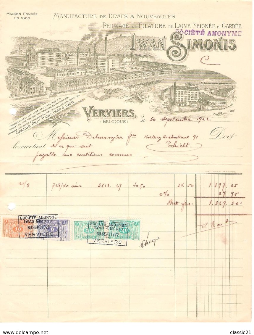 8 Factures avec TP Fiscaux différentes valeurs Iwan Simonis Verviers Manufacture de Draps 1922 VPF15!!