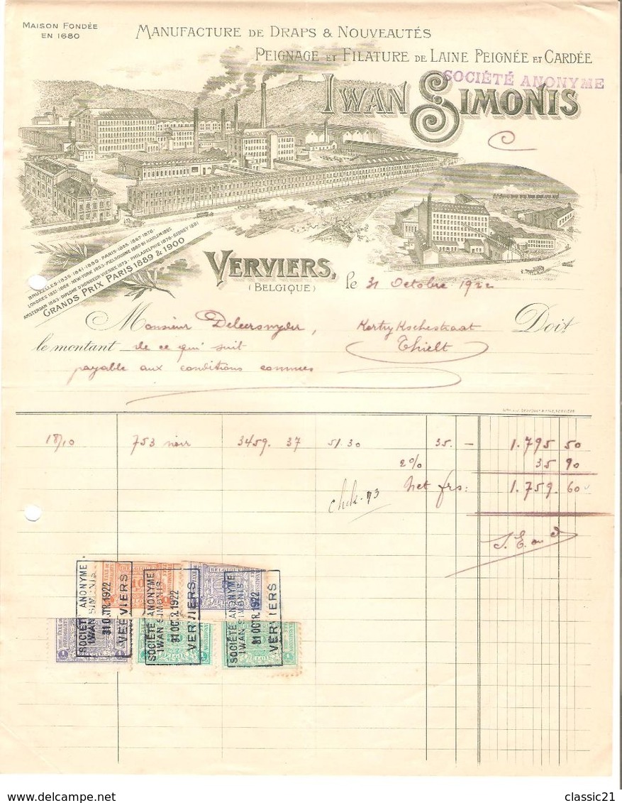 8 Factures avec TP Fiscaux différentes valeurs Iwan Simonis Verviers Manufacture de Draps 1922 VPF15!!