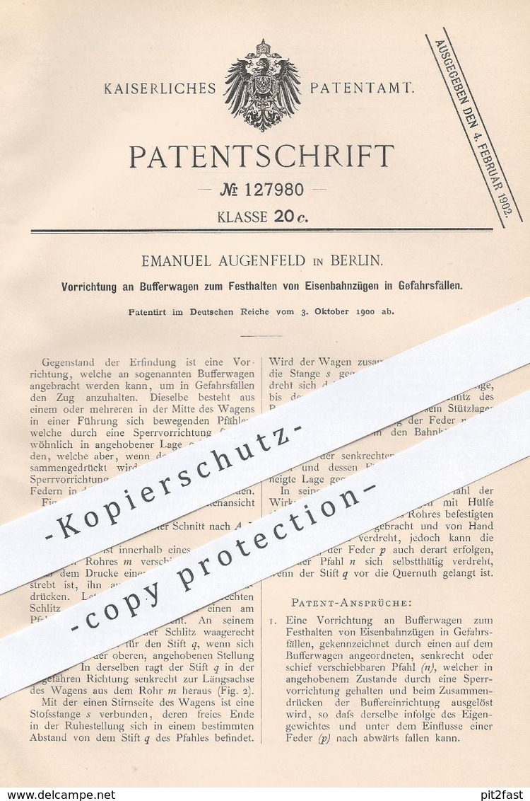 Original Patent - Emanuel Augenfeld , Berlin , 1900 , Vorrichtung An Bufferwagen Zum Festhalten Von Eisenbahnen | Bahn ! - Historische Dokumente
