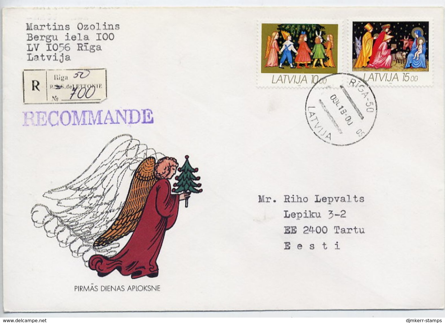 LATVIA 1993 Registered Cover With Christmas Stamps.  Michel 346-47 - Latvia