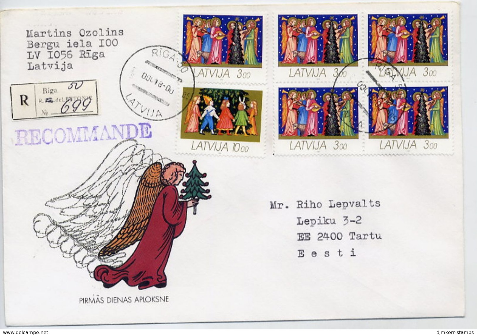 LATVIA 1993 Registered Cover With Christmas Stamps.  Michel 345-46 - Lettland