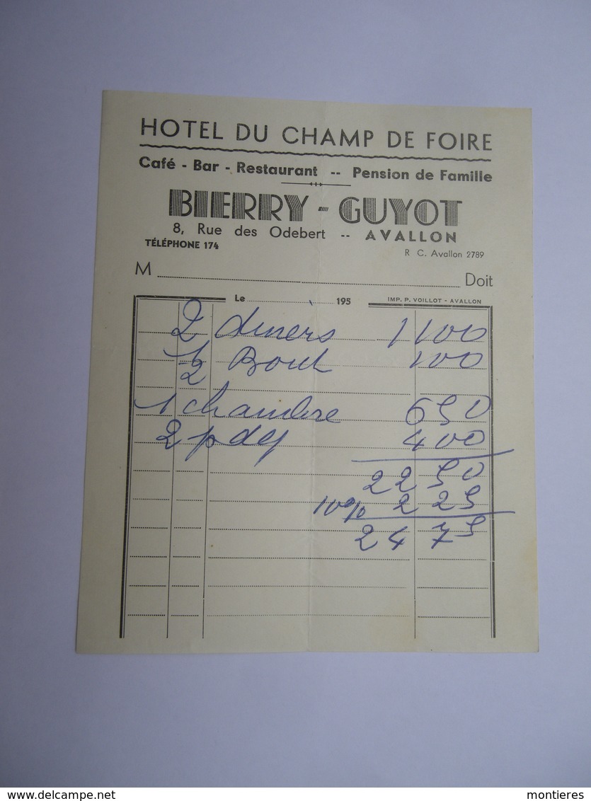 Note Hôtel Du Champ De Foire Café Bar Restaurant Pension De Famille BIERRY GUYOT à AVALLON ( Yonne - 58 ) - Sport En Toerisme