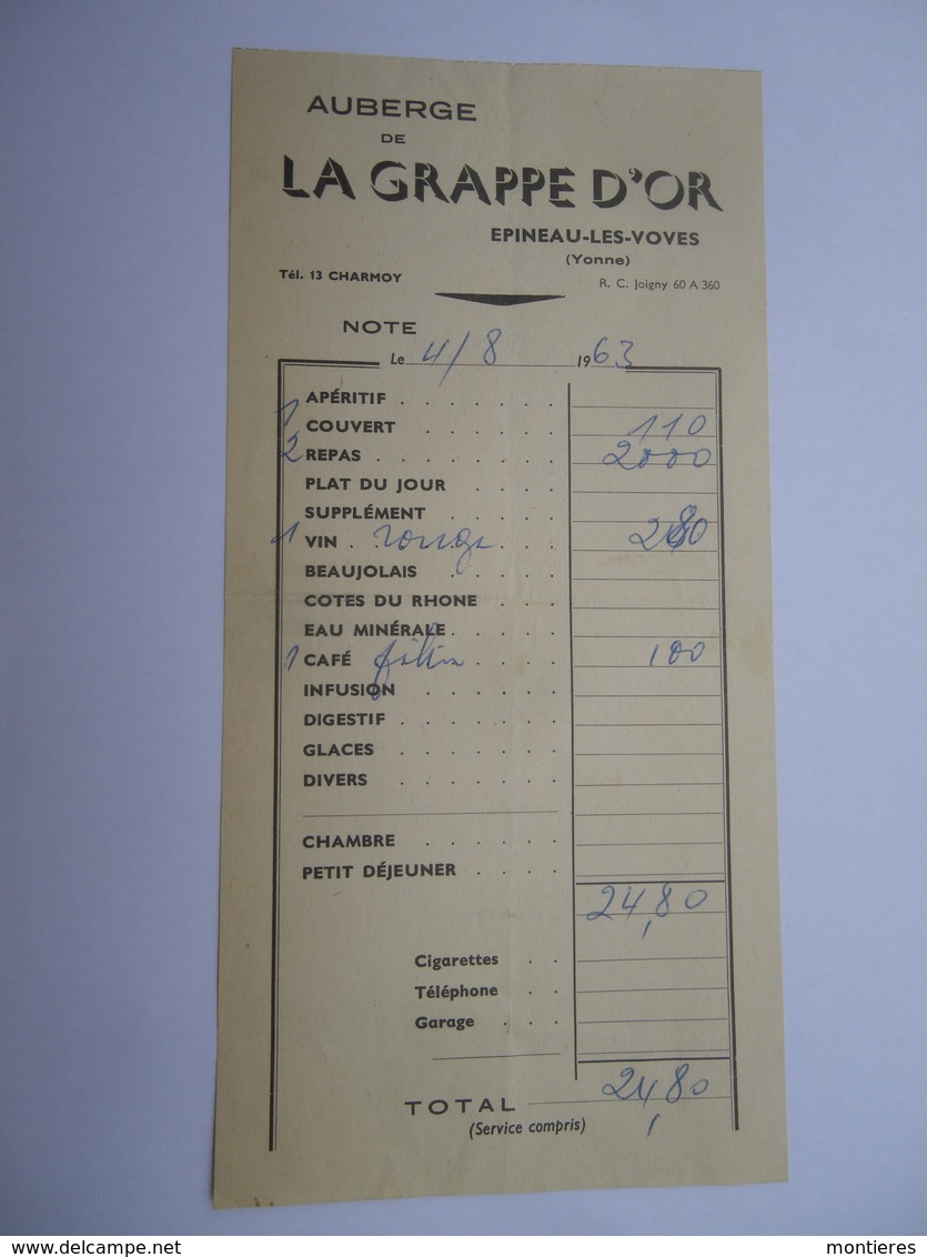 Note Auberge De La GRAPPE D'OR à EPINEAU LES VOVES ( Yonne - 58 ) ( Migennes ) - 1963 - Sports & Tourisme