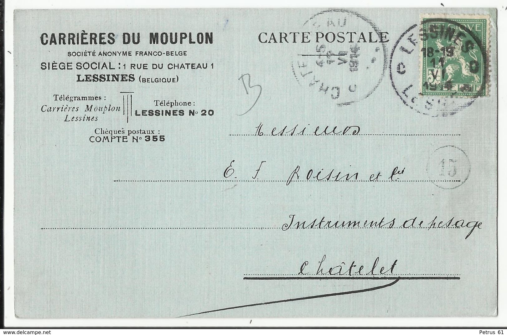 Entier Postal Publicitaire  - Reklame Briefkaart 1914 - Carrières Du Mouplon à LESSINES - Cartes Postales 1909-1934