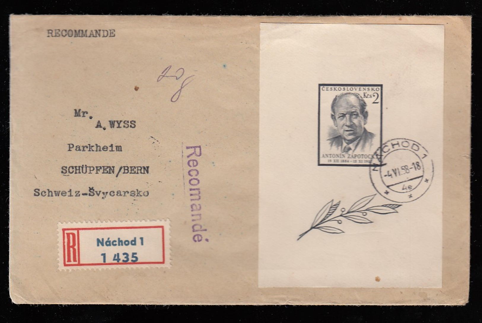 CESKOSLOVENSKO * CZECHOSLOVAKIA * CZECH * REGISTERED COVER WITH BLOCK ANTONIN ZAPOTOCKY 1958 - Brieven En Documenten