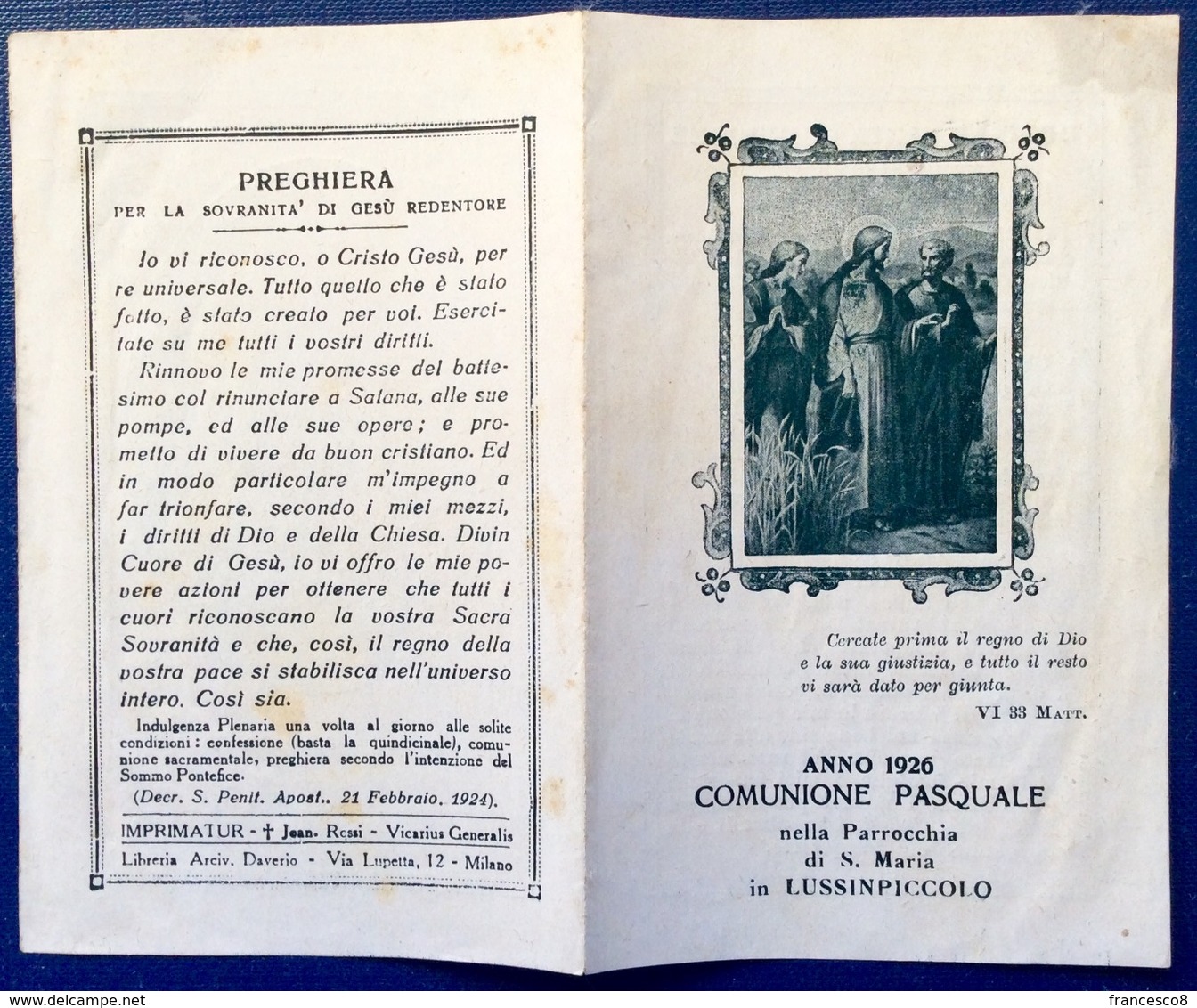 1926 LUSSINPICCOLO COMUNIONE PASQUALE  NELLA PARROCCHIA DI S. MARIA Mali Lošinj / Santino / CROAZIA - Religione & Esoterismo