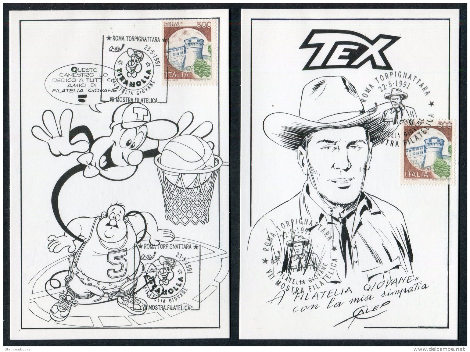 1991 Italy 6 X Roma Mostra Filatelica Cartoon Filatelia Giovane Postcards Corto Maltese, Tex Cowboy,Spiderman,Ken Parker - Comics