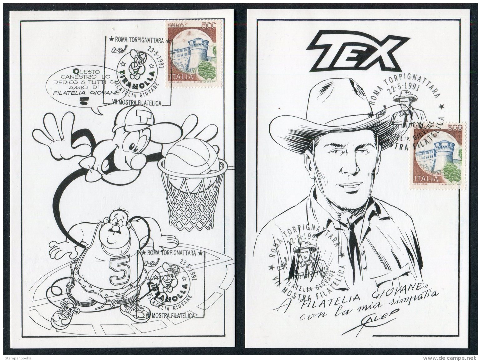 1991 Italy 6 X Roma Mostra Filatelica Cartoon Filatelia Giovane Postcards Corto Maltese, Tex Cowboy,Spiderman,Ken Parker - Bandes Dessinées