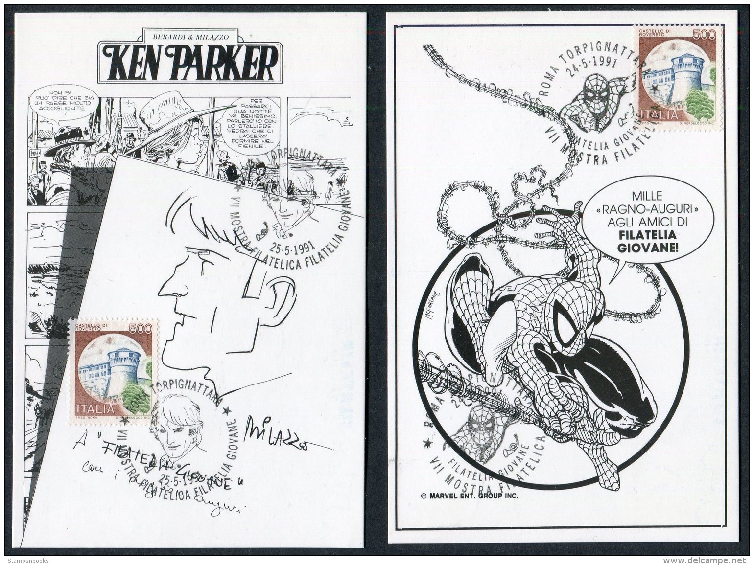 1991 Italy 6 X Roma Mostra Filatelica Cartoon Filatelia Giovane Postcards Corto Maltese, Tex Cowboy,Spiderman,Ken Parker - Comics