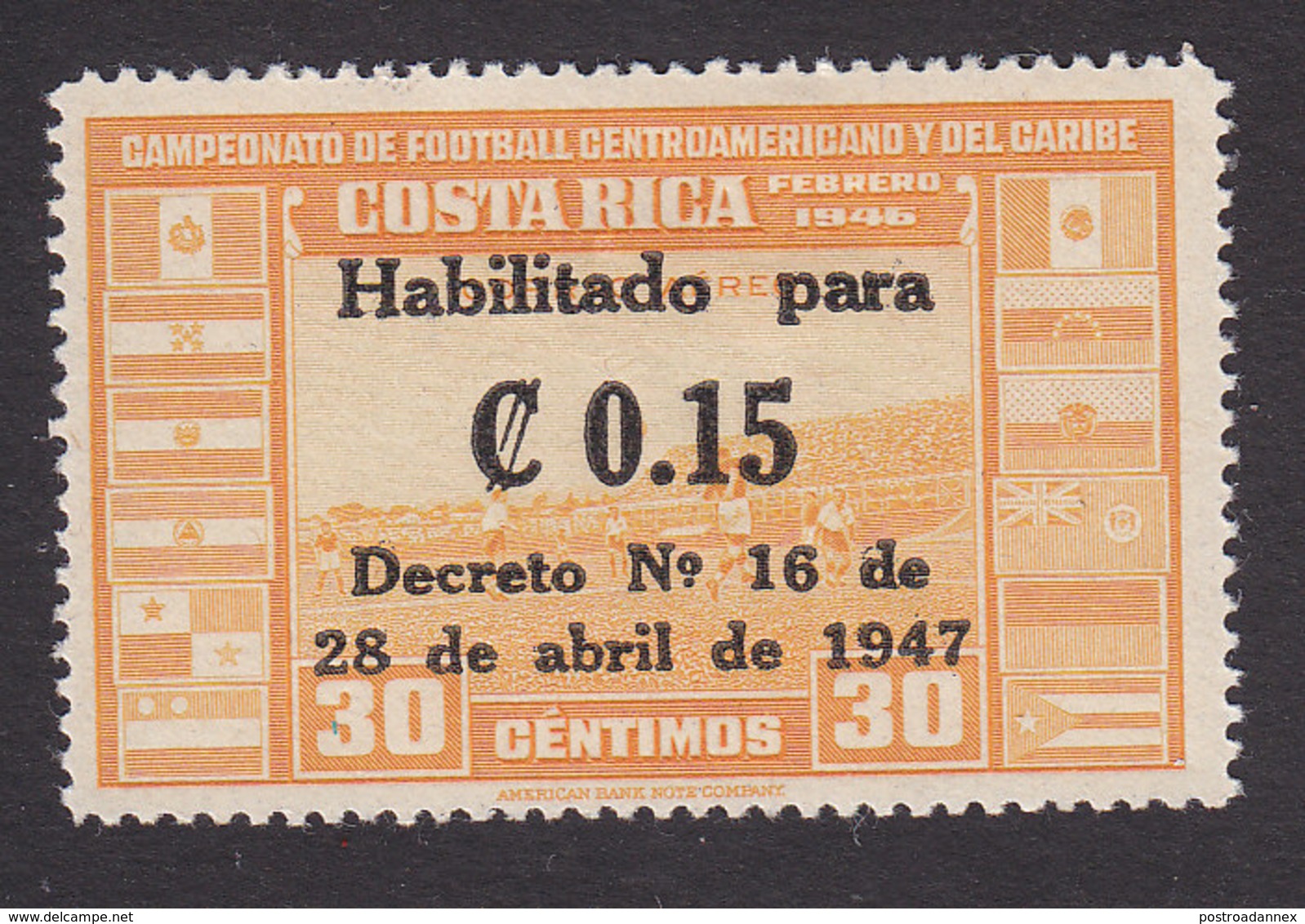 Costa Rica, Scott #C146, Mint Hinged, Soccer Field Surcharged, Issued 1947 - Costa Rica