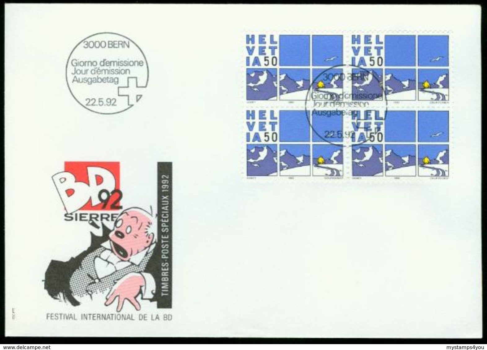 FD Schweiz FDC 1992 - MiNr 1474 Viererblock - Comics Cosey Von Bernhard Cosendal - FDC