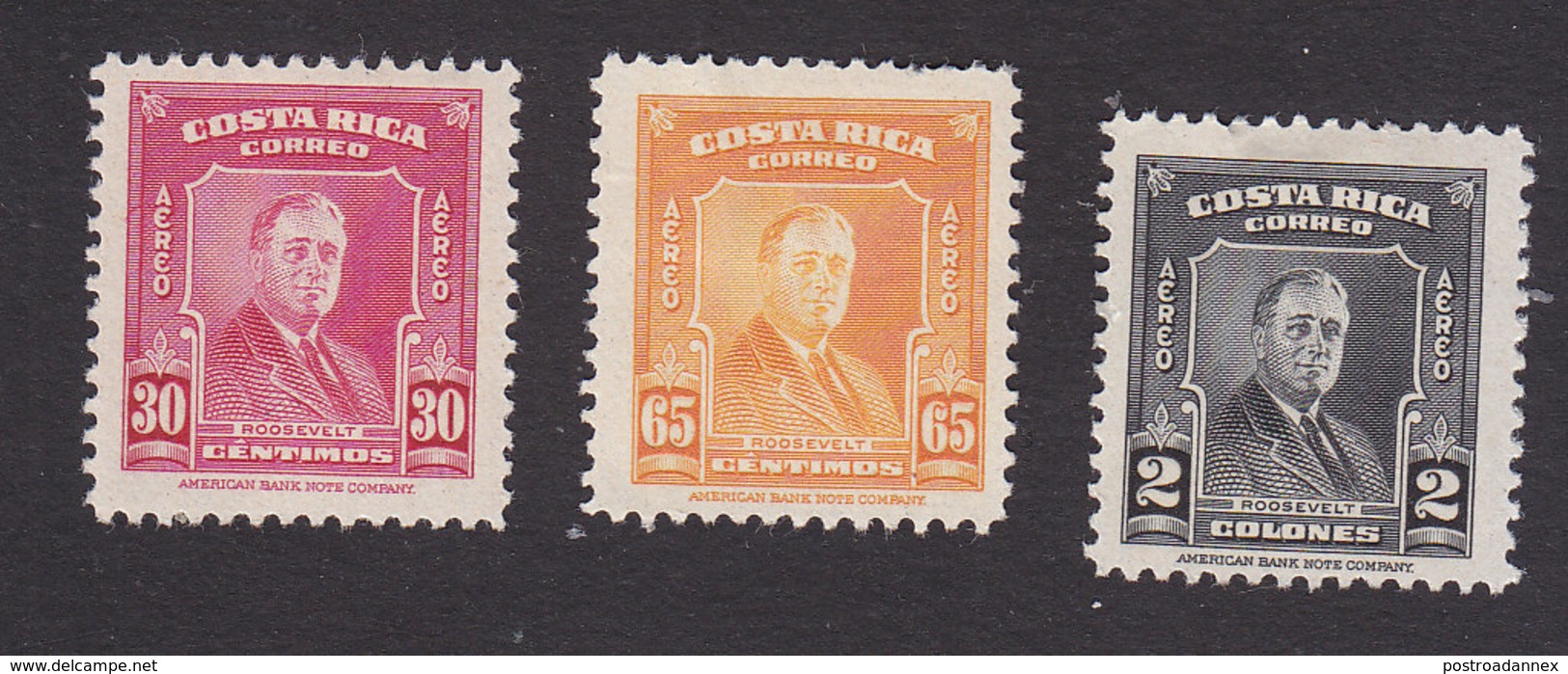 Costa Rica, Scott #C161, C163, C166, Mint Hinged, Roosevelt, Issued 1947 - Costa Rica