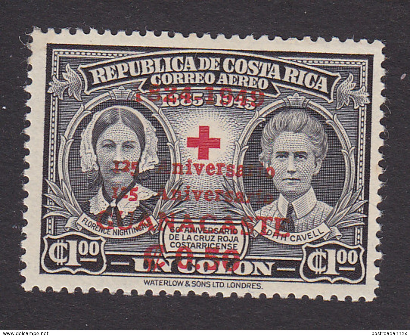 Costa Rica, Scott #C183a, Mint Hinged, Florence Nightingale And Edith Cavell Surcharged, Issued 1949 - Costa Rica