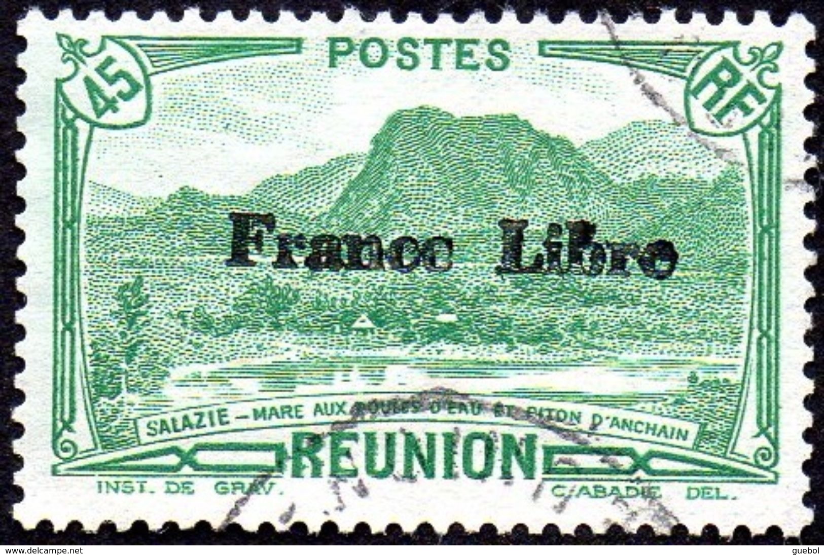 Réunion Obl. N° 194 - Vue -> Salazie, Mare Aux Poules D'eau Et Piton D'Auchain 45 Cts Vert Surchargé France Libre - Oblitérés