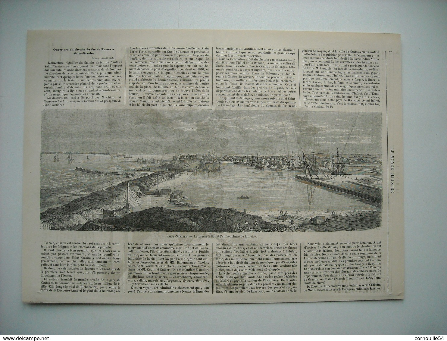 GRAVURE 1857. SAINT-NAZAIRE. BASSIN A FLOT ET L’EMBOUCHURE LOIRE. OUVERTURE DU CHEMIN DE FER DE NANTES A SAINT-NAZAIRE.. - Estampes & Gravures