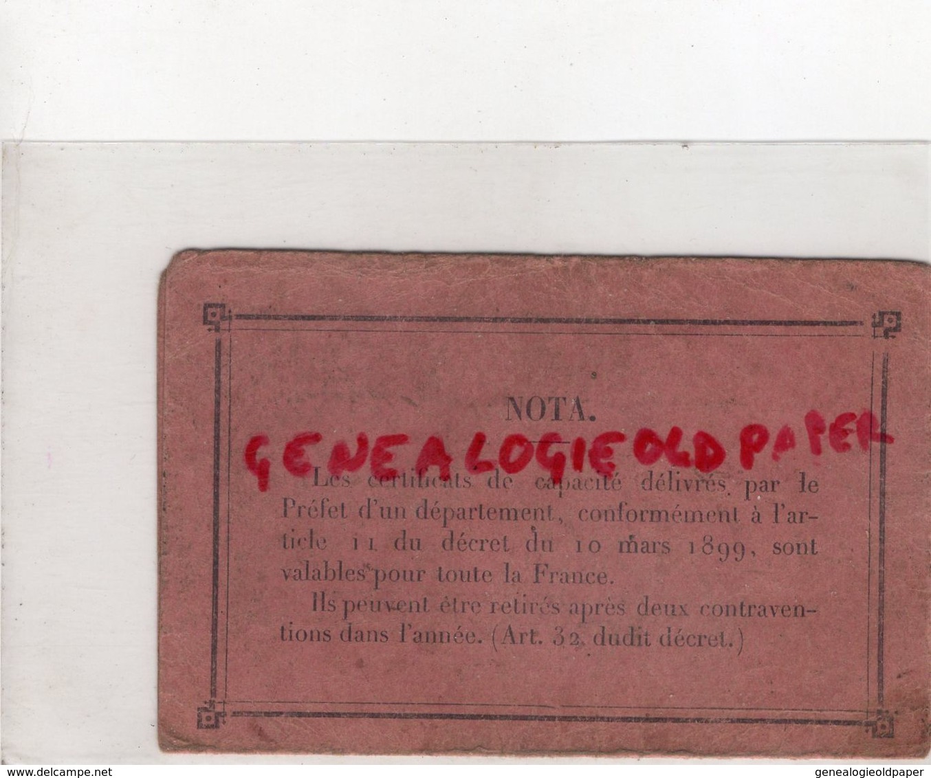 16- COGNAC- RARE PERMIS CONDUIRE VOITURE A PETROLE- JEAN MANDON NE LE 21 MAI 1894- PARIS 6 RUE PICCINI- 1914 - Documents Historiques