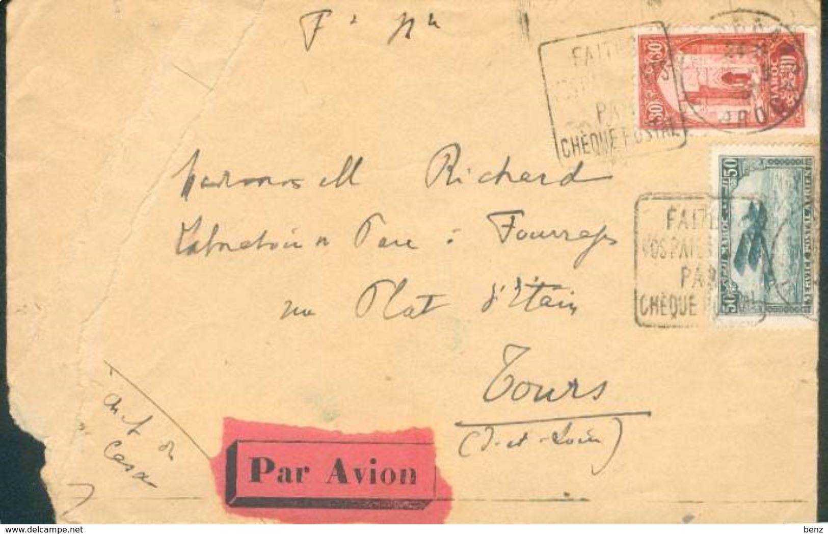 MAROC LETTRE FM PAR AVION CASABLANCA + DAGUIN FAITES VOS PAIEMENTS PAR CHEQUE POSTAL 1926 POUR TOURS B/ TB - Lettres & Documents