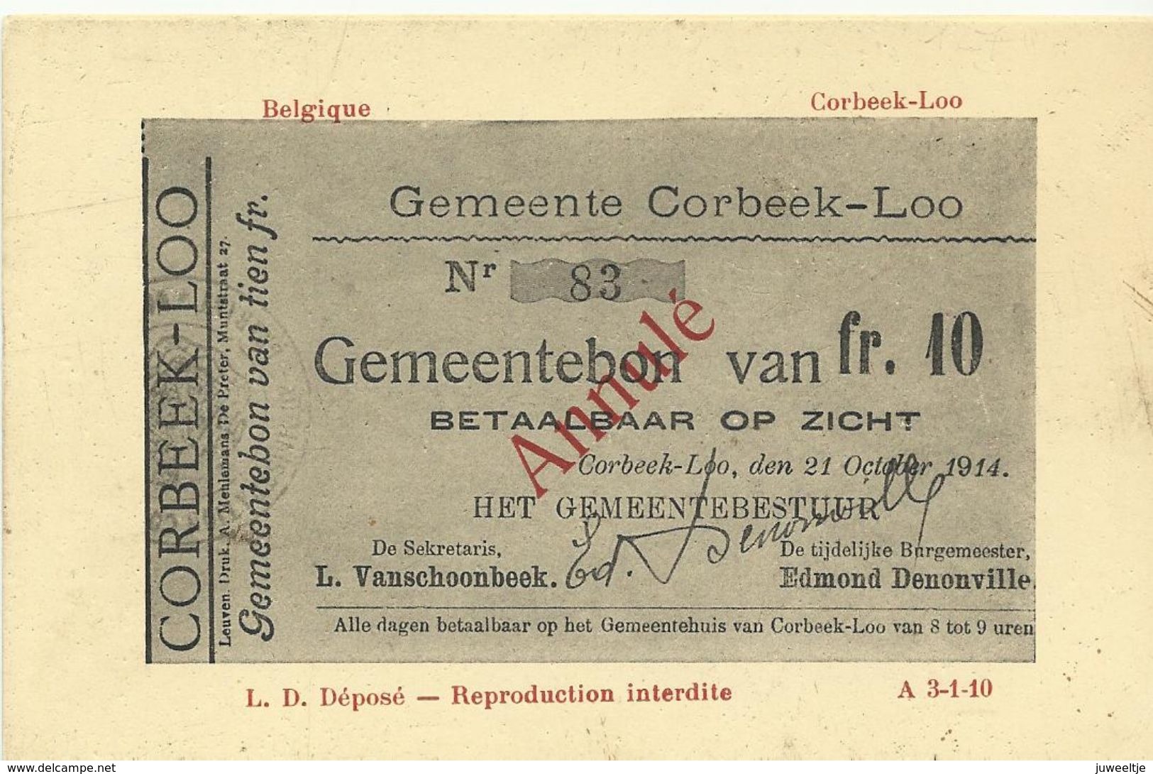 Corbeek-Loo Gemeentebon Van Fr.10  (7061) - Bierbeek