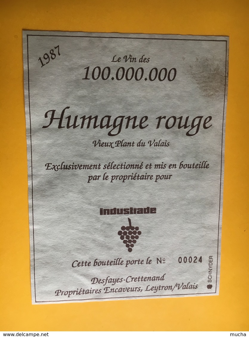 6534 - Le Vin Des 100.000.000 Humagne Rouge 1987 Desfayes-Crettenand Leytron Suisse Pour Industrade - Autres & Non Classés