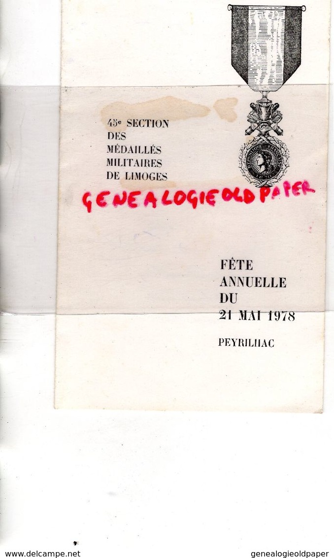 87- PEYRILHAC- RARE MENU 45 E SECTION MEDAILLES MILITAIRES LIMOGES-21 MAI 1978-RESTAURANT LA BONNE AUBERGE-MME PRUDHOMME - Menükarten